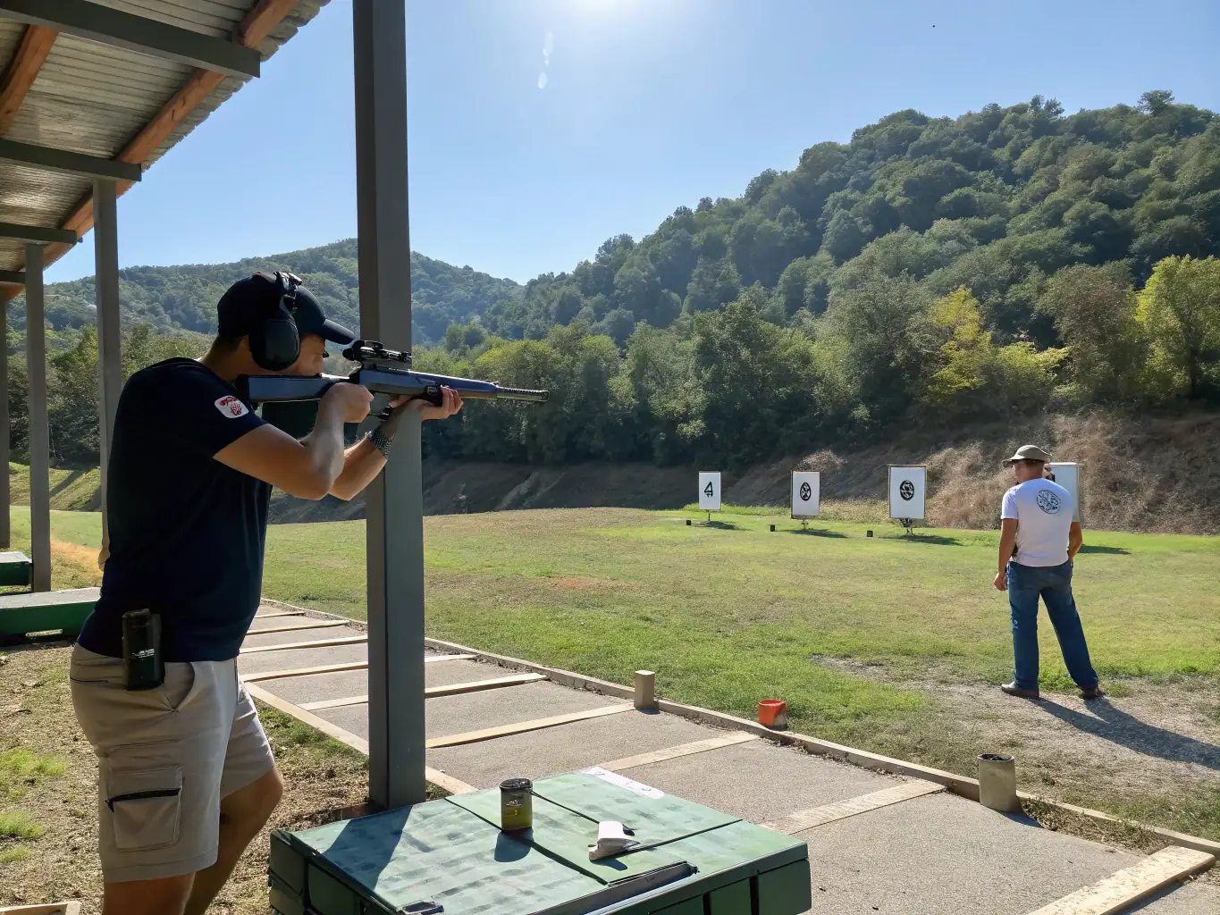 A photograph of a person participating in a recreational shooting session at Centre de Tir Rouchon, focusing on safety and enjoyment.