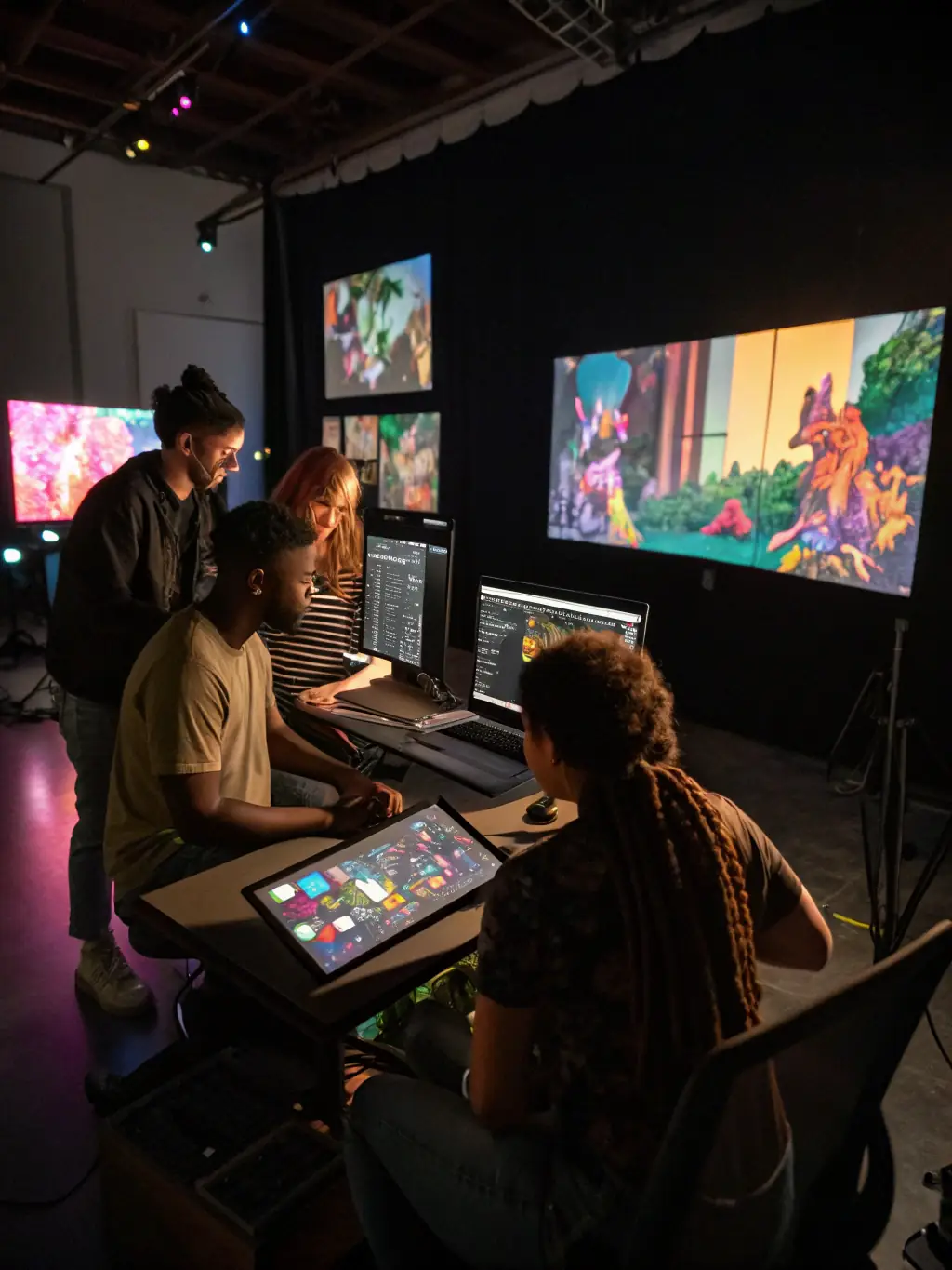 A group of artists working together on a large mural in Atelier Fluo, exchanging ideas and creating collaboratively.