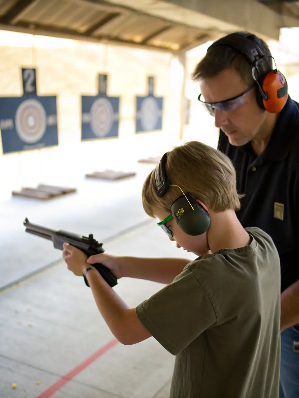 A youth group receiving instruction from a coach on firearm safety and target practice, in a safe and educational setting.