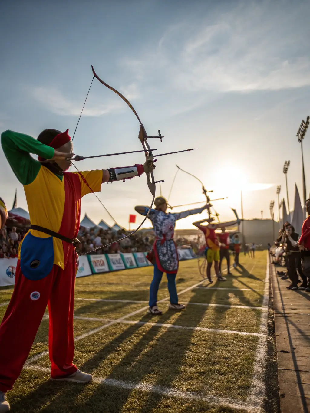 A competitive shooting event with participants aiming at targets, judges observing, and spectators in the background.