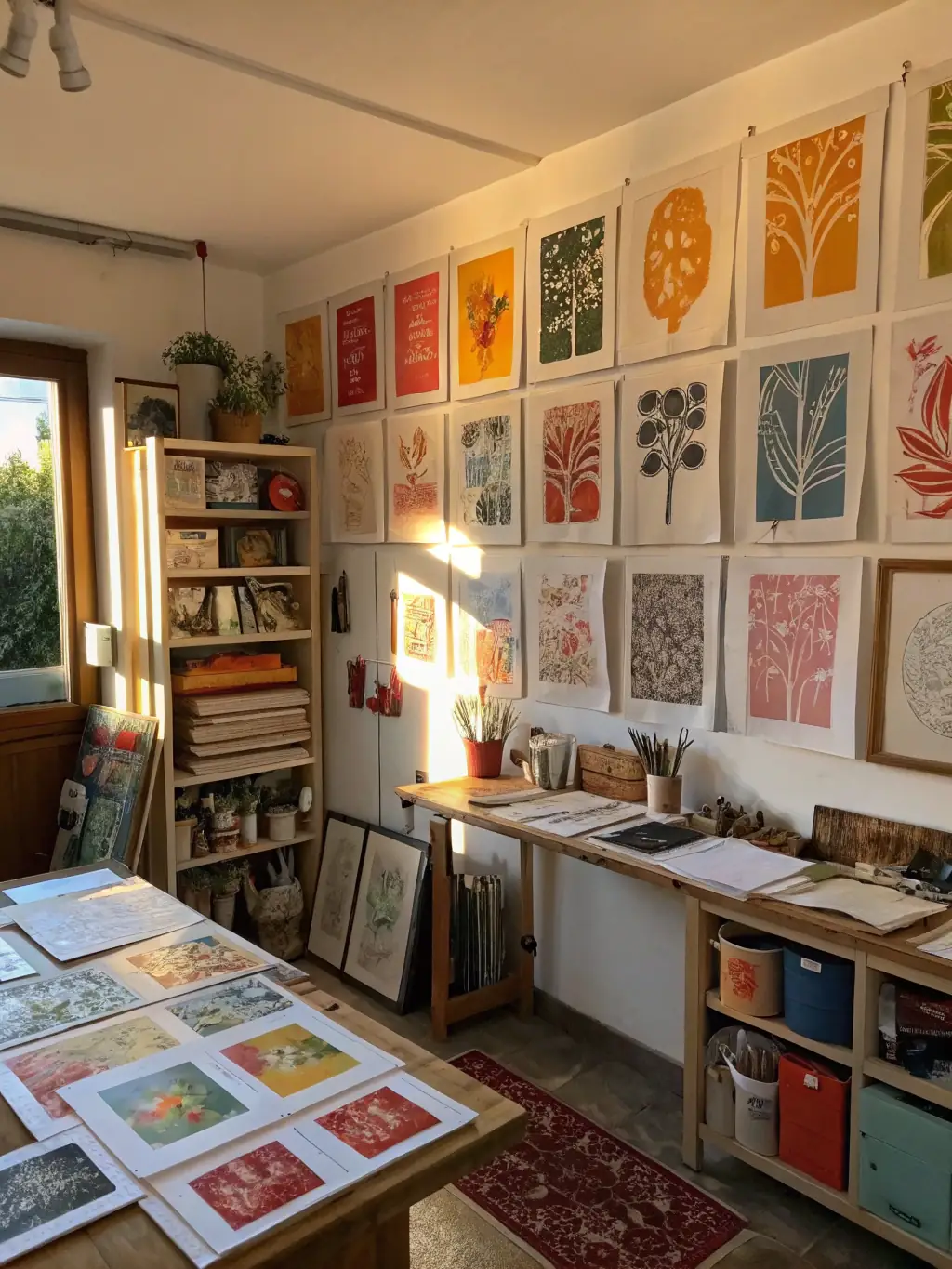 A photo of Atelier Fluo's space, showcasing a variety of printed materials and art supplies.
