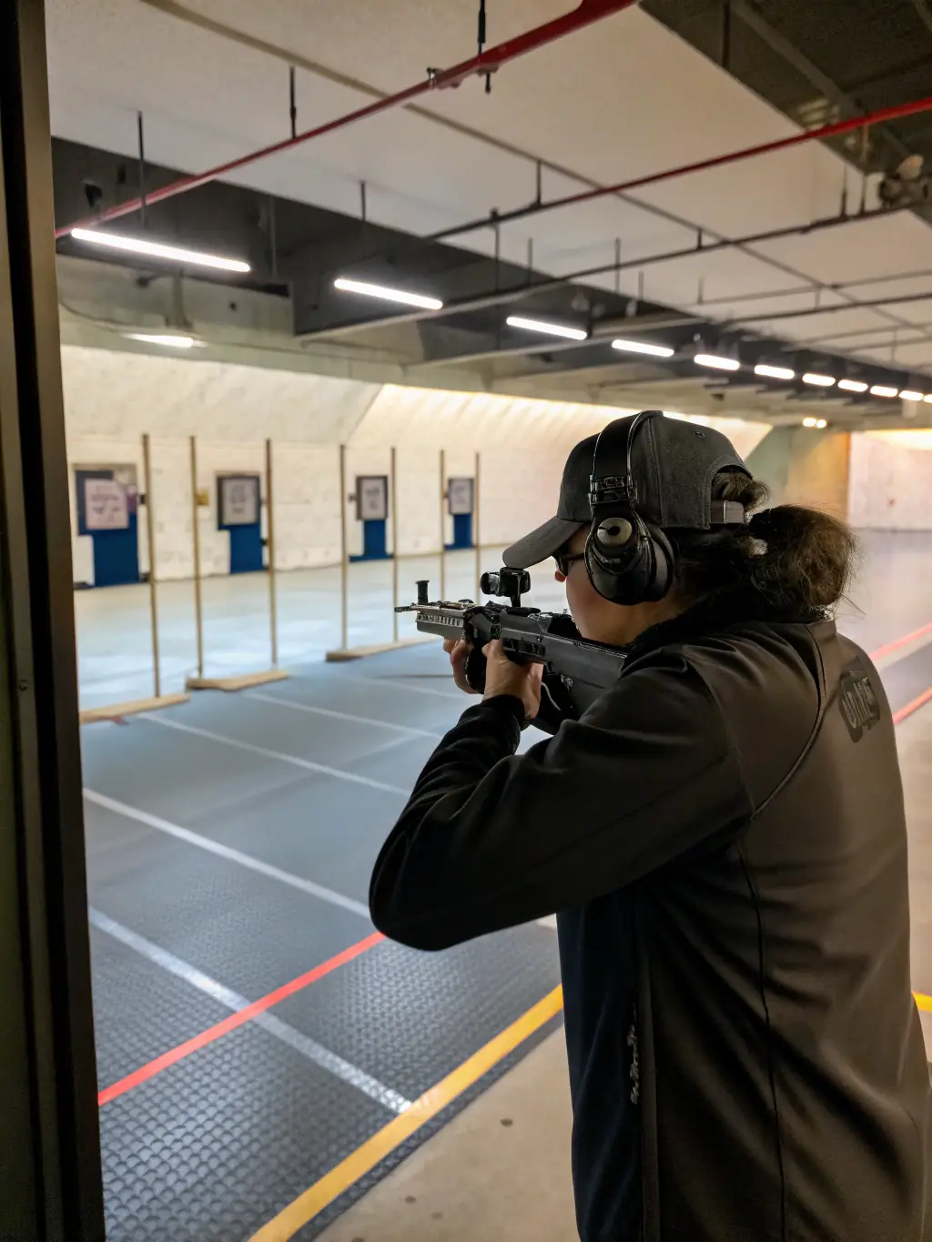A person participating in a shooting sport with a focused expression, demonstrating precision and control.