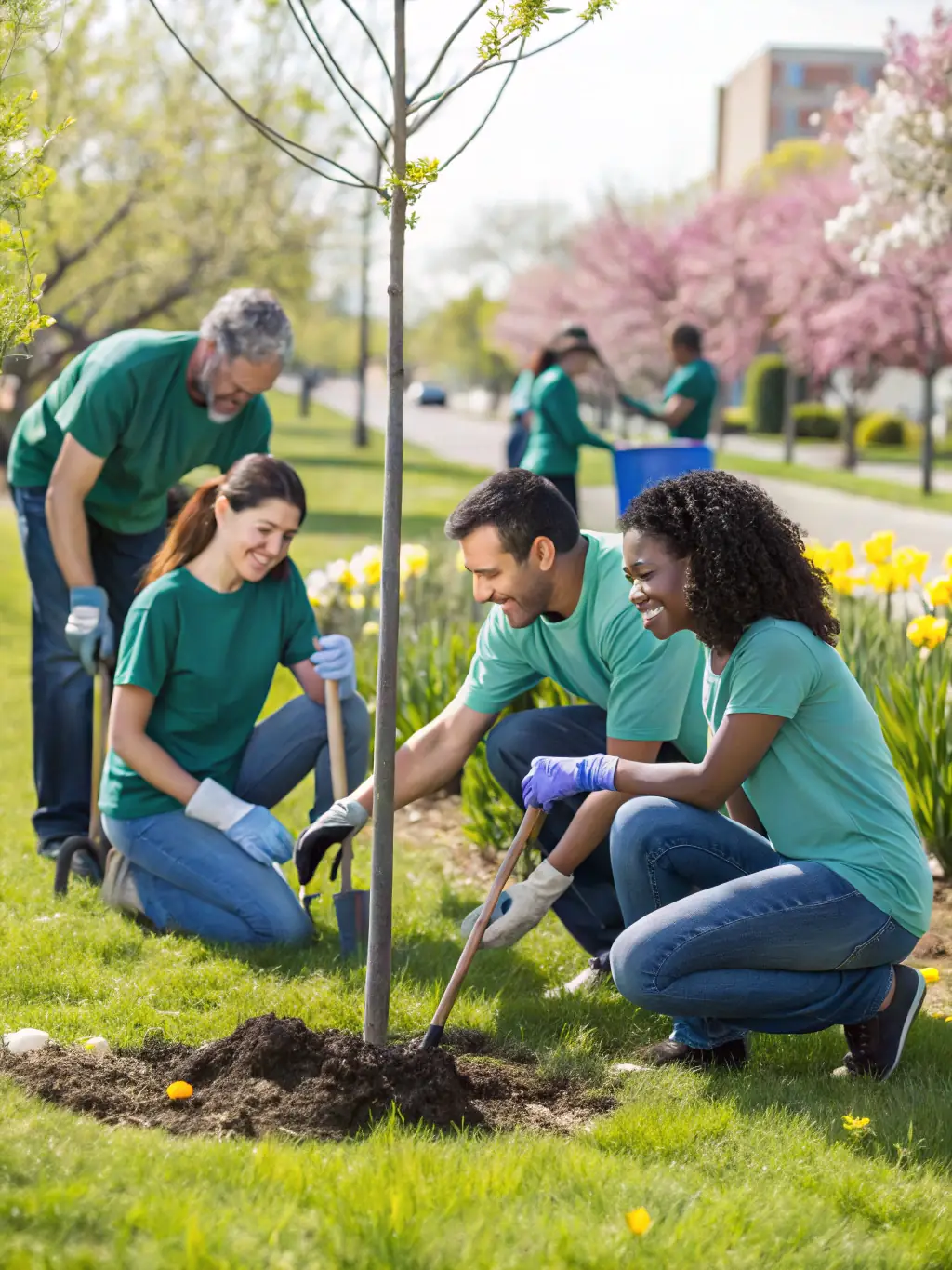 A group of volunteers working together on a community project, symbolizing the federation's commitment to civic engagement and social initiatives.