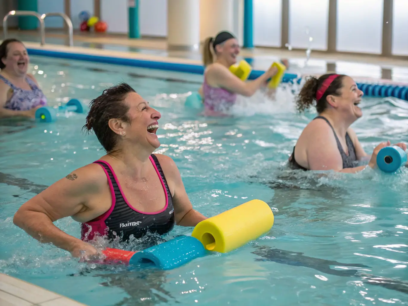 A group of adults participating in a water aerobics class, demonstrating the fitness and social benefits of the program in a bright and spacious pool.