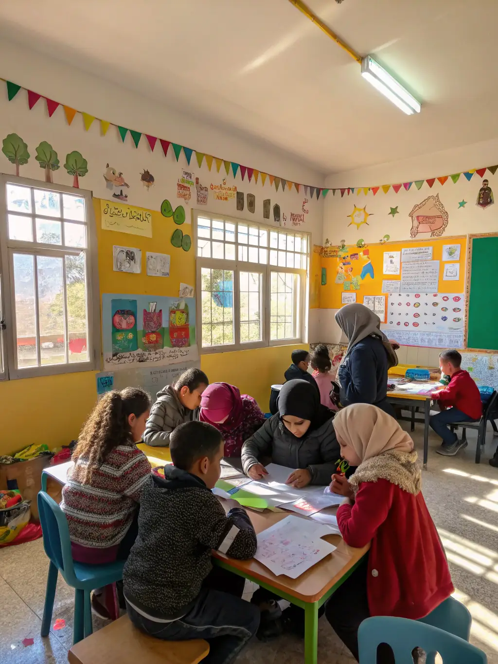 An image showing a community classroom with diverse participants engaged in learning activities, representing the federation's educational programs.