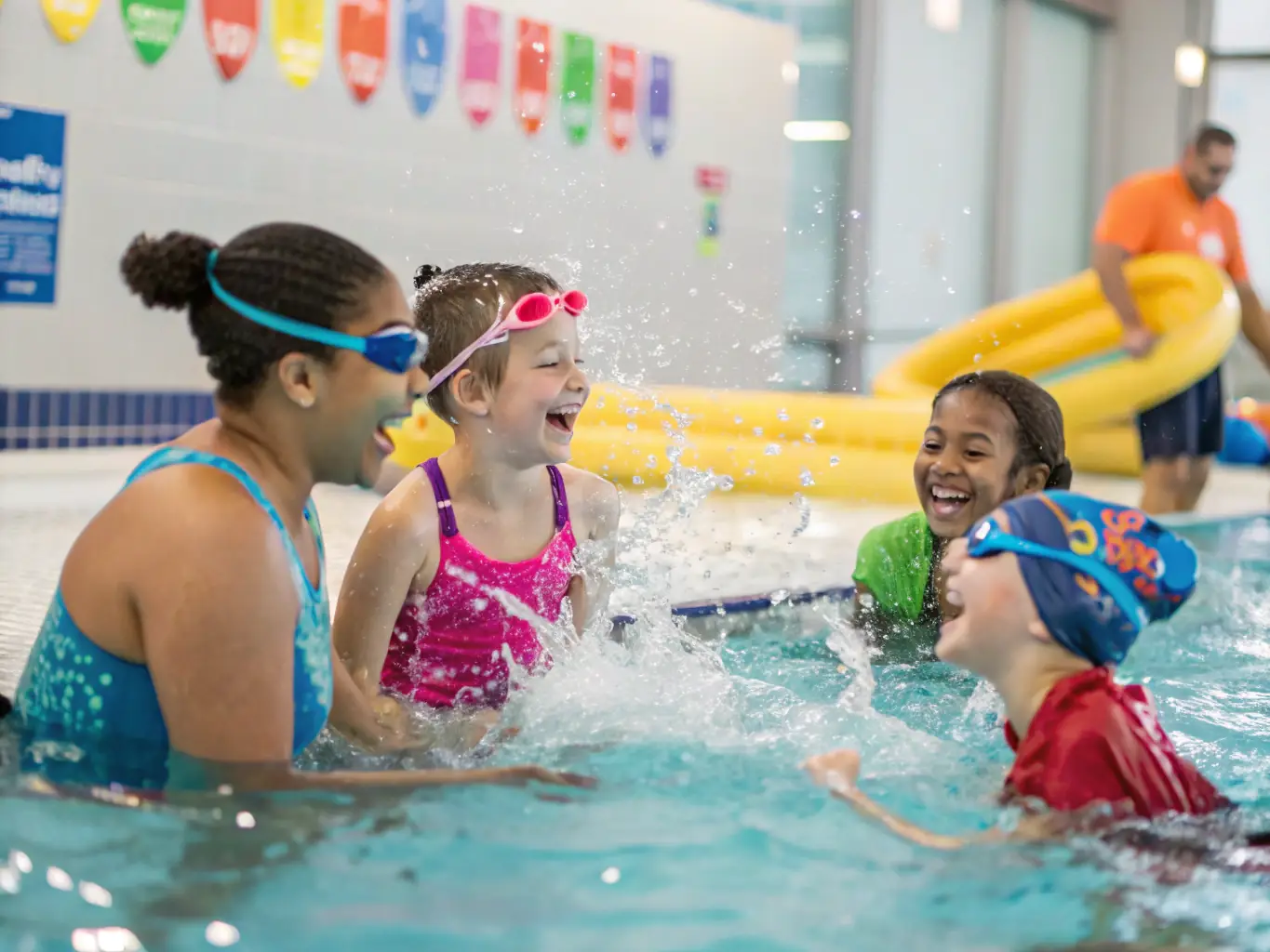 A vibrant image showing children of various ages participating in a swimming lesson, with a focus on safety and fun in a well-maintained pool.