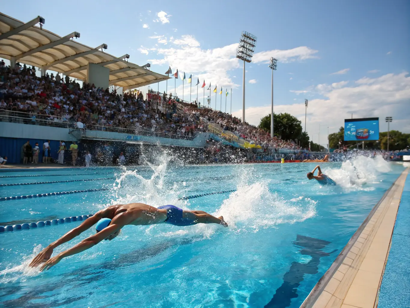 A dynamic image showcasing participants engaging in a water polo match, emphasizing teamwork and physical activity in a modern aquatic center.