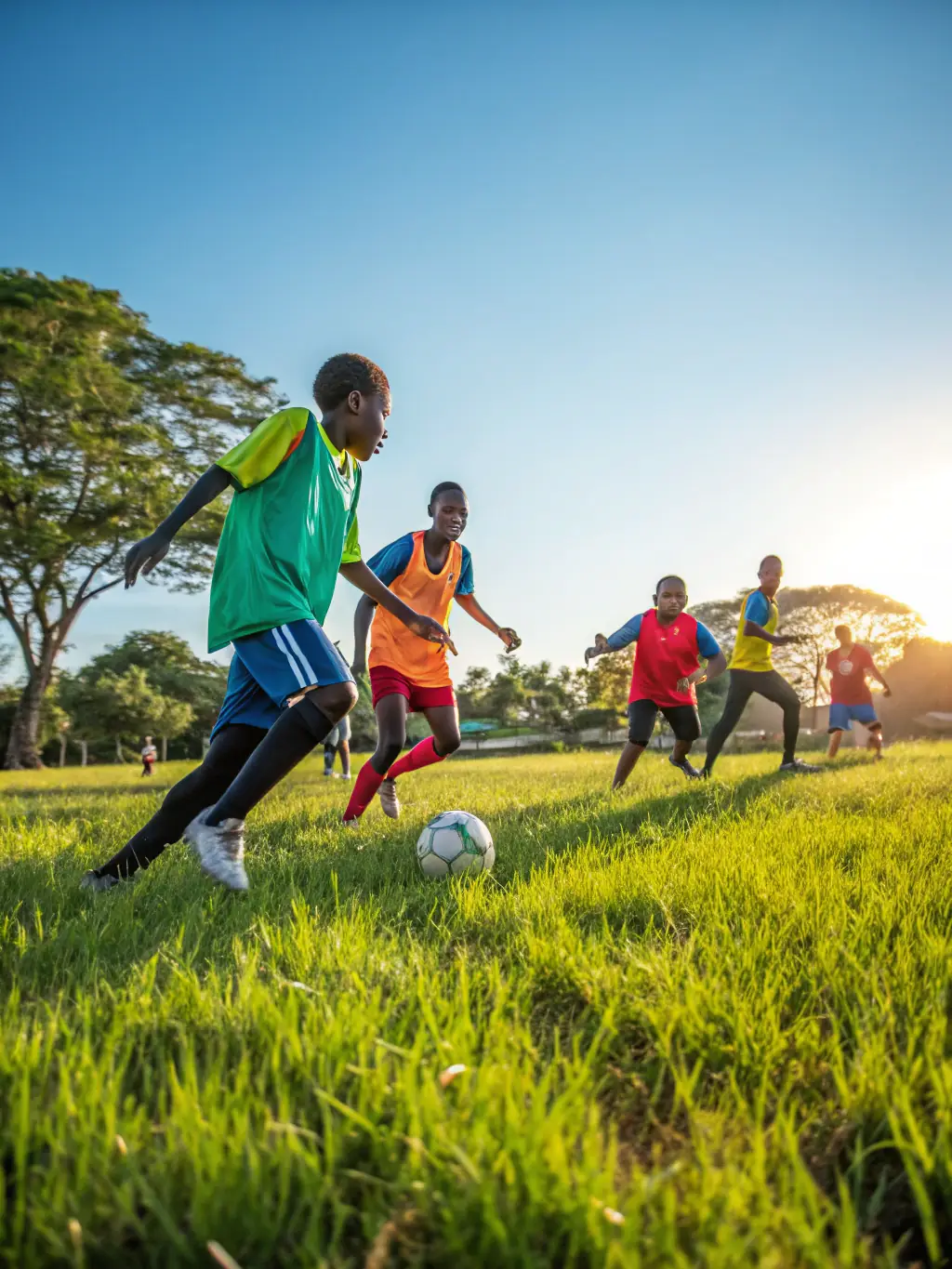 An image of children and adults playing sports in a local park, representing the federation's support for sports and recreation.