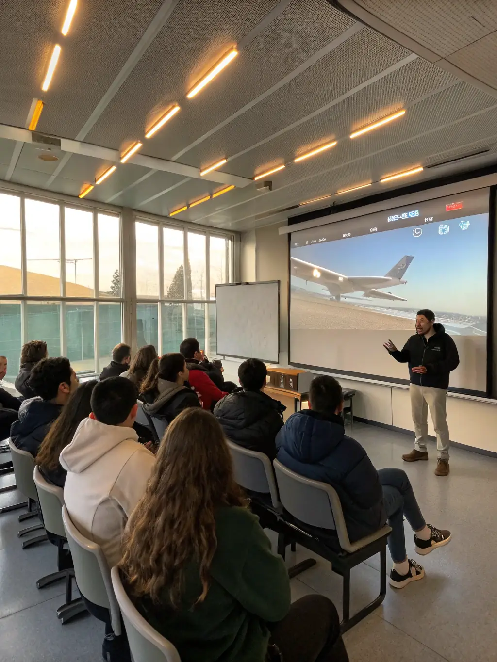 A high-definition image capturing a ground school session where instructors are teaching aviation theory to a group of attentive students, emphasizing the importance of theoretical knowledge in pilot training.