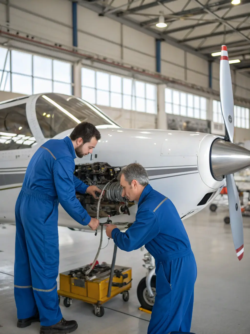 A detailed image of instructors providing technical instruction on aircraft maintenance and operation, emphasizing the importance of technical proficiency in aviation.