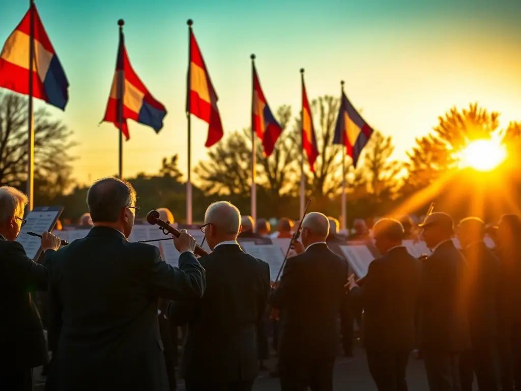 A dynamic shot of the Orchestre d'Harmonie d'Arras participating in a patriotic ceremony, playing a stirring rendition of the national anthem with pride and reverence.