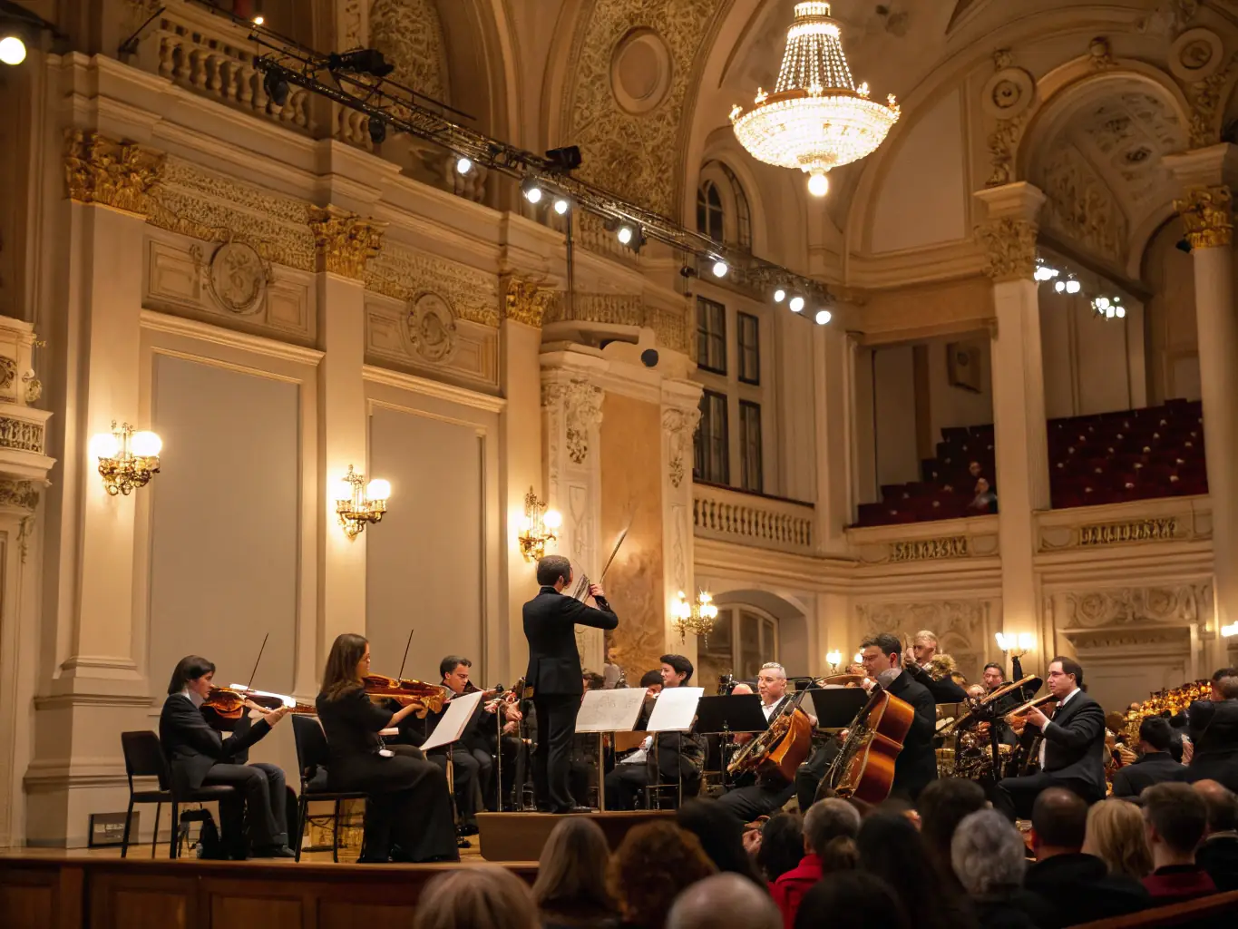 A vibrant photograph capturing the Orchestre d'Harmonie d'Arras performing a classical piece during a concert at a local theater, showcasing the orchestra's skill and passion.